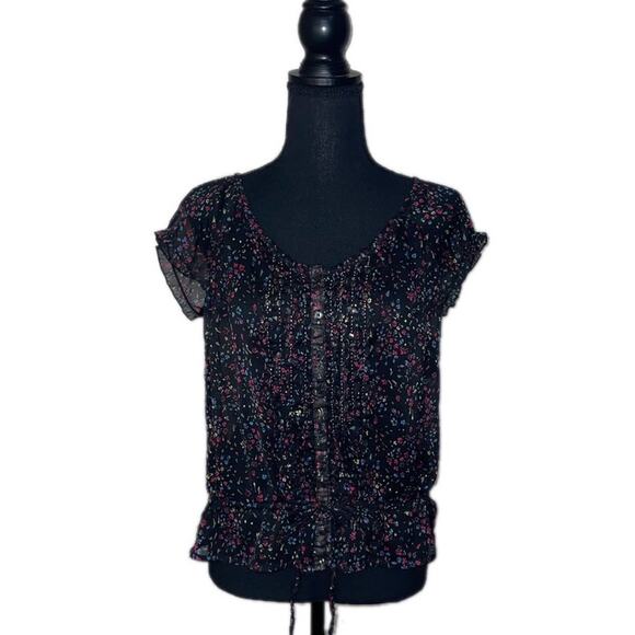 Decree Tops - Decree Floral Top Drop Drawstring Waist Short Sleeved Blouse Pleated Women’s L